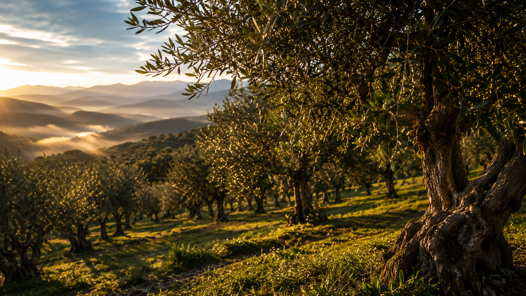 Olivas Gerais grove in the Mantiqueira Range at sunrise, with mist drifting between the mountains.
